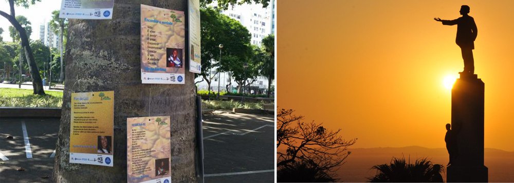Imagine caminhar pela manhã em praças arborizadas; mas no lugar de frutas ou flores, poesias; é o que propõe o projeto 'Pé de poesia', em Salvador, idealizado pelo poeta Fábio Shiva, que escolheu a data de hoje, dia 14, para homenagear o aniversário de nascimento do poeta baiano Castro Alves, em 1847; a data inspirou o Dia Nacional da Poesia; placas com poesias do poeta abolicionista e de outros poetas contemporâneos foram penduradas em árvores nas praças Dois de Julho (Campo Grande), da Sé e da Piedade (Foto: Romulo Faro) Imagine caminhar pela manhã em praças arborizadas; mas no lugar de frutas ou flores, poesias; é o que propõe o projeto 'Pé de poesia', em Salvador, idealizado pelo poeta Fábio Shiva, que escolheu a data de hoje, dia 14, para homenagear o aniversário de nascimento do poeta baiano Castro Alves, em 1847; a data inspirou o Dia Nacional da Poesia; placas com poesias do poeta abolicionista e de outros poetas contemporâneos foram penduradas em árvores nas praças Dois de Julho (Campo Grande), da Sé e da Piedade