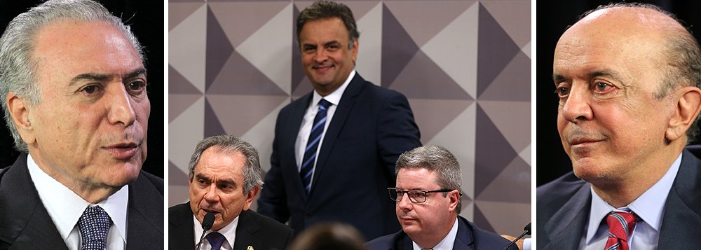 "Se amanhã o presidente Michel Temer optar por querer nossa participação, deverá fazer institucionalmente com a direção do partido, que não deverá se opor", disse ontem o senador Aécio Neves (PSDB-MG), ao anunciar a adesão do PSDB ao eventual governo Temer; isso significa que o interlocutor tucano com o grupo do vice-presidente não será mais o senador José Serra (PSDB-SP); tanto Aécio como Geraldo Alckmin temiam que, na condição de superministro do governo Temer, José Serra pavimentasse uma candidatura presidencial para 2018, solapando os planos de ambos; uma alternativa para Serra, que está rompido com Alckmin e nunca se entendeu bem com Aécio, é trocar o PSDB pelo PMDB (Foto: Leonardo Attuch) "Se amanhã o presidente Michel Temer optar por querer nossa participação, deverá fazer institucionalmente com a direção do partido, que não deverá se opor", disse ontem o senador Aécio Neves (PSDB-MG), ao anunciar a adesão do PSDB ao eventual governo Temer; isso significa que o interlocutor tucano com o grupo do vice-presidente não será mais o senador José Serra (PSDB-SP); tanto Aécio como Geraldo Alckmin temiam que, na condição de superministro do governo Temer, José Serra pavimentasse uma candidatura presidencial para 2018, solapando os planos de ambos; uma alternativa para Serra, que está rompido com Alckmin e nunca se entendeu bem com Aécio, é trocar o PSDB pelo PMDB