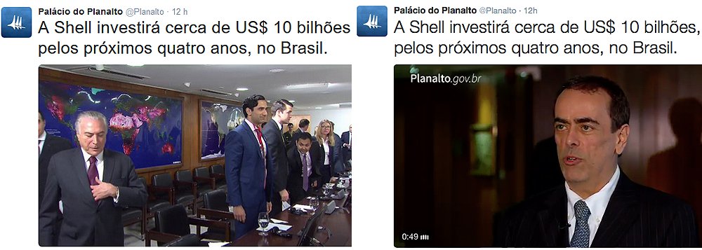 Após conseguir aprovar as mudanças que encolhem a Petrobras no pré-sal e escancaram o petróleo brasileiro ao capital estrangeiro, o governo de Michel Temer já usa os canais oficiais para fazer propaganda da Shell; o perfil oficial do Planalto no Twitter divulgou uma mensagem destacando os investimentos que serão feitos pela multinacional (Foto: Giuliana Miranda) Após conseguir aprovar as mudanças que encolhem a Petrobras no pré-sal e escancaram o petróleo brasileiro ao capital estrangeiro, o governo de Michel Temer já usa os canais oficiais para fazer propaganda da Shell; o perfil oficial do Planalto no Twitter divulgou uma mensagem destacando os investimentos que serão feitos pela multinacional