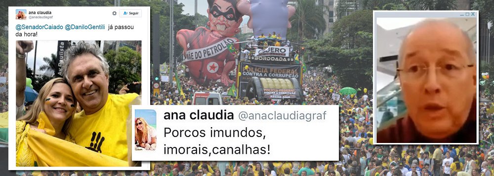 Ana Cláudia, que gravou uma entrevista com o ministro do Supremo Celso de Mello dizendo que impeachment não é golpe, estampa as redes sociais com mensagens fascistas contra o governo Dilma Rousseff e até o relator da Lava Jato na Corte, Teori Zavascki, e fotos ao lado de Ronaldo Caiado em manifestações pró-golpe (Foto: Roberta Namour) Ana Cláudia, que gravou uma entrevista com o ministro do Supremo Celso de Mello dizendo que impeachment não é golpe, estampa as redes sociais com mensagens fascistas contra o governo Dilma Rousseff e até o relator da Lava Jato na Corte, Teori Zavascki, e fotos ao lado de Ronaldo Caiado em manifestações pró-golpe