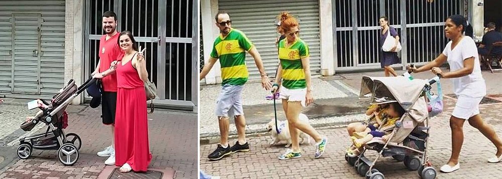 Casal vestido de vermelho, que participou de ato pró-PT neste domingo, aparece em foto empurrando o carrinho do filho no mesmo local em que outro casal, vestido de verde e amarelo em adesão ao protesto contra o governo, desfilou acompanhado da babá, que levava seus dois filhos; na segunda imagem, que virou foto-símbolo das manifestações, figura a família de Claudio Pracownik, vice-presidente de finanças do Flamengo, sócio e diretor executivo do Banco Brasil Plural e ex-vice-presidente da Brasif, empresa que bancou a amante de FHC no exterior (Foto: Roberta Namour) Casal vestido de vermelho, que participou de ato pró-PT neste domingo, aparece em foto empurrando o carrinho do filho no mesmo local em que outro casal, vestido de verde e amarelo em adesão ao protesto contra o governo, desfilou acompanhado da babá, que levava seus dois filhos; na segunda imagem, que virou foto-símbolo das manifestações, figura a família de Claudio Pracownik, vice-presidente de finanças do Flamengo, sócio e diretor executivo do Banco Brasil Plural e ex-vice-presidente da Brasif, empresa que bancou a amante de FHC no exterior