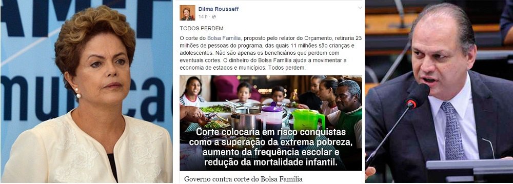 Em postagem no Facebook, a presidente Dilma Rousseff alerta que "o corte do Bolsa Família, proposto pelo relator do Orçamento, retiraria 23 milhões de pessoas do programa, das quais 11 milhões são crianças e adolescentes"; "Não são apenas os beneficiários que perdem com eventuais cortes. O dinheiro do Bolsa Família ajuda a movimentar a economia de estados e municípios", ressalta; proposta é do relator, deputado Ricardo Barros (PP-PR) (Foto: Valter Lima) Em postagem no Facebook, a presidente Dilma Rousseff alerta que "o corte do Bolsa Família, proposto pelo relator do Orçamento, retiraria 23 milhões de pessoas do programa, das quais 11 milhões são crianças e adolescentes"; "Não são apenas os beneficiários que perdem com eventuais cortes. O dinheiro do Bolsa Família ajuda a movimentar a economia de estados e municípios", ressalta; proposta é do relator, deputado Ricardo Barros (PP-PR)