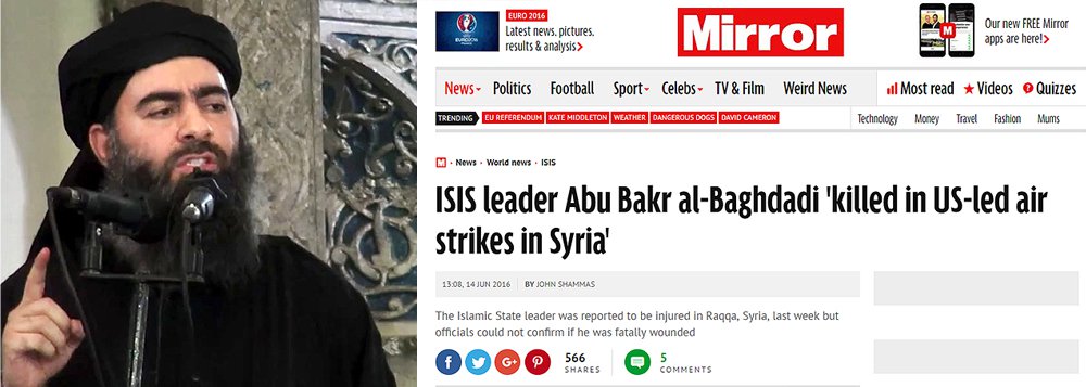 Jornal britânico The Mirror se refere a uma fonte noticiosa próxima dos terroristas e afirma que "Abu Bakr al-Baghdadi foi morto durante um golpe aéreo da coalizão em Raqqa no quinto dia do Ramadã", diz a mensagem da agência citada.; Al-Baghdadi ficou famoso em junho de 2014, quando ele se autoproclamou "califa" do "califado internacional do grupo extremista Estado Islâmico; morte de Al-Baghdadi ainda não foi confirmada (Foto: Paulo Emílio) Jornal britânico The Mirror se refere a uma fonte noticiosa próxima dos terroristas e afirma que "Abu Bakr al-Baghdadi foi morto durante um golpe aéreo da coalizão em Raqqa no quinto dia do Ramadã", diz a mensagem da agência citada.; Al-Baghdadi ficou famoso em junho de 2014, quando ele se autoproclamou "califa" do "califado internacional do grupo extremista Estado Islâmico; morte de Al-Baghdadi ainda não foi confirmada