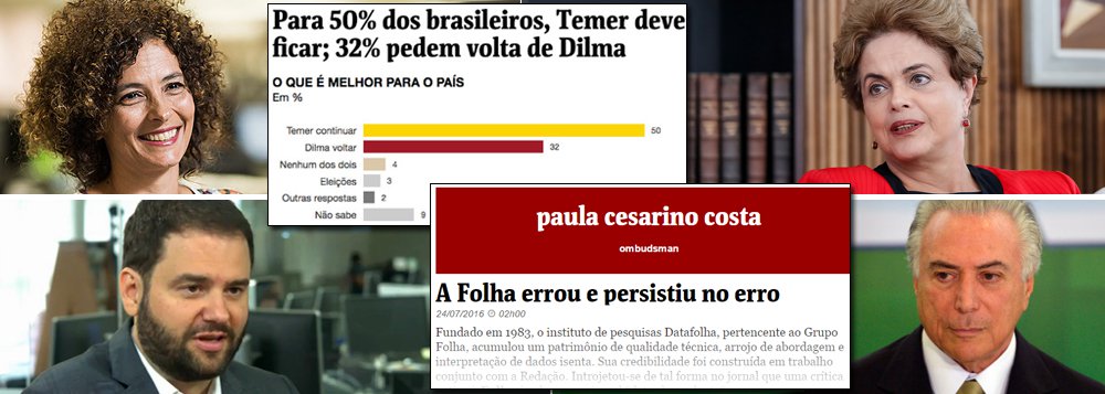 Uma semana depois do maior erro da história do Datafolha e da própria Folha, que apontou que 50% querem a permanência do interino Michel Temer quando o número real é de apenas 19%, a ombudsman Paula Cesarino Costa apontou que o jornal, editado por Sérgio Dávila, errou e persistiu no erro; "A reação pouco transparente, lenta e de quase desprezo às falhas e omissões apontadas maculou a imagem da Folha e de seu instituto de pesquisas", diz ela; Paula, no entanto, não tocou no ponto central: o erro parece ter sido deliberado para favorecer o impeachment da presidente Dilma Rousseff e manter no poder um presidente impopular, que promete impor uma agenda de reformas econômicas defendida pelos donos da Folha (Foto: Leonardo Attuch) Uma semana depois do maior erro da história do Datafolha e da própria Folha, que apontou que 50% querem a permanência do interino Michel Temer quando o número real é de apenas 19%, a ombudsman Paula Cesarino Costa apontou que o jornal, editado por Sérgio Dávila, errou e persistiu no erro; "A reação pouco transparente, lenta e de quase desprezo às falhas e omissões apontadas maculou a imagem da Folha e de seu instituto de pesquisas", diz ela; Paula, no entanto, não tocou no ponto central: o erro parece ter sido deliberado para favorecer o impeachment da presidente Dilma Rousseff e manter no poder um presidente impopular, que promete impor uma agenda de reformas econômicas defendida pelos donos da Folha