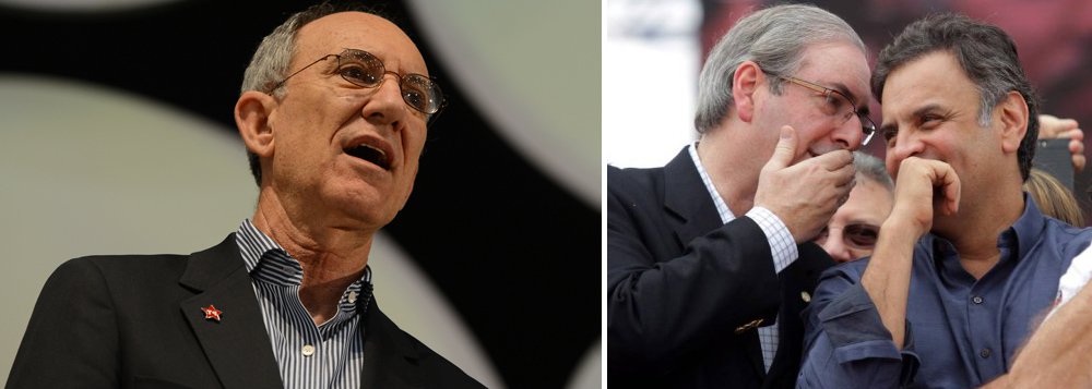 “O pedido de impeachment, cujos autores se comprazem com o oportunismo do presidente da Câmara, não passa de sórdida vingança. Como se sabe, o indigitado mandatário, acuado por denúncias de corrupção e às voltas com dois processos à espera de manifestação do STF, respondeu com truculência e ilegalidade à rejeição de manobras espúrias para proteger o cargo e o mandato”, diz nota do Partido dos Trabalhadores, após reunião conduzida pelo presidente Rui Falcão; PT também criticou o desejo de "tapetão", que vem sendo vocalizado pelo senador Aécio Neves (PSDB-MG), que se aliou a Eduardo Cunha (PMDB-RJ) para tentar apear a presidente Dilma Rousseff da presidência da República (Foto: Leonardo Attuch) “O pedido de impeachment, cujos autores se comprazem com o oportunismo do presidente da Câmara, não passa de sórdida vingança. Como se sabe, o indigitado mandatário, acuado por denúncias de corrupção e às voltas com dois processos à espera de manifestação do STF, respondeu com truculência e ilegalidade à rejeição de manobras espúrias para proteger o cargo e o mandato”, diz nota do Partido dos Trabalhadores, após reunião conduzida pelo presidente Rui Falcão; PT também criticou o desejo de "tapetão", que vem sendo vocalizado pelo senador Aécio Neves (PSDB-MG), que se aliou a Eduardo Cunha (PMDB-RJ) para tentar apear a presidente Dilma Rousseff da presidência da República