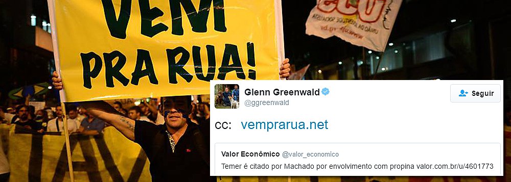 Glenn Greenwald usou o Twitter para provocar o Vem Pra Rua; ao compartilhar a delação de Sérgio Machado envolvendo o presidente interino Michel Temer em suposto caso de propina, o jornalista marcou o grupo, como se cobrasse uma ação do movimento que defende o impeachment de Dilma Rousseff (Foto: Roberta Namour) Glenn Greenwald usou o Twitter para provocar o Vem Pra Rua; ao compartilhar a delação de Sérgio Machado envolvendo o presidente interino Michel Temer em suposto caso de propina, o jornalista marcou o grupo, como se cobrasse uma ação do movimento que defende o impeachment de Dilma Rousseff