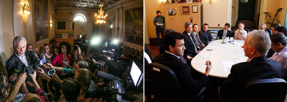 Representantes da empresa Uber se reuniram com o prefeito José Fortunati para debater a regulamentação do serviço de transporte privado em Porto Alegre; o encontro aconteceu após o episódio de violência ocorrido na semana passada, em que um motorista parceiro da empresa foi encurralado e espancado por taxistas; será formado um grupo de trabalho para discutir precedentes de regulamentações em outras cidades, a partir da pretensão de que a Uber passe a pagar uma taxa para funcionar na cidade; “O nosso entendimento continua sendo o mesmo, que nesse momento é clandestino, continuaremos autuando, multando e apreendendo veículos”, garantiu Fortunati (Foto: Leonardo Lucena) Representantes da empresa Uber se reuniram com o prefeito José Fortunati para debater a regulamentação do serviço de transporte privado em Porto Alegre; o encontro aconteceu após o episódio de violência ocorrido na semana passada, em que um motorista parceiro da empresa foi encurralado e espancado por taxistas; será formado um grupo de trabalho para discutir precedentes de regulamentações em outras cidades, a partir da pretensão de que a Uber passe a pagar uma taxa para funcionar na cidade; “O nosso entendimento continua sendo o mesmo, que nesse momento é clandestino, continuaremos autuando, multando e apreendendo veículos”, garantiu Fortunati