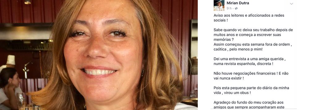 Após comentários, como da colunista Eliane Cantanhêde, de que teria negociado uma entrevista-bomba contra o ex-presidente Fernando Henrique Cardoso para tirar do foco da imprensa as denúncias contra Lula e o PT, a jornalista Mirian Dutra postou em seu Facebook ter concedido a entrevista a "uma amiga querida, numa revista espanhola, discreta" e afirmou que "não houve negociações financeiras! E não vai nunca existir! Pois está pequena parte do diário da minha vida virou um obus!"; "Não vendo minha vida, e tampouco coloco pessoas em situações difíceis. Se elas se incomodam, devem ter motivos e isto não é meu problema!", acrescenta a jornalista
(Foto: Gisele Federicce) Após comentários, como da colunista Eliane Cantanhêde, de que teria negociado uma entrevista-bomba contra o ex-presidente Fernando Henrique Cardoso para tirar do foco da imprensa as denúncias contra Lula e o PT, a jornalista Mirian Dutra postou em seu Facebook ter concedido a entrevista a "uma amiga querida, numa revista espanhola, discreta" e afirmou que "não houve negociações financeiras! E não vai nunca existir! Pois está pequena parte do diário da minha vida virou um obus!"; "Não vendo minha vida, e tampouco coloco pessoas em situações difíceis. Se elas se incomodam, devem ter motivos e isto não é meu problema!", acrescenta a jornalista