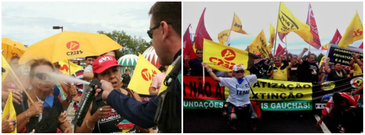"O homem que ia 'unir o Brasil' só pode andar através de bretes", comenta o jornalista Fernando Brito, sobre a notícia de que "um palco cercado, montado a um quilômetro do local onde ficam as pessoas no Parque de Exposições de Esteio, no Rio Grande do Sul, livrou Michel Temer de vaias em seu discurso na entrega de ambulâncias"; a Brigada Militar e a Polícia Rodoviária Federal deram uma mãozinha a Temer, essa última jogando spray de pertinho no rosto das mulheres (Foto: Gisele Federicce) "O homem que ia 'unir o Brasil' só pode andar através de bretes", comenta o jornalista Fernando Brito, sobre a notícia de que "um palco cercado, montado a um quilômetro do local onde ficam as pessoas no Parque de Exposições de Esteio, no Rio Grande do Sul, livrou Michel Temer de vaias em seu discurso na entrega de ambulâncias"; a Brigada Militar e a Polícia Rodoviária Federal deram uma mãozinha a Temer, essa última jogando spray de pertinho no rosto das mulheres