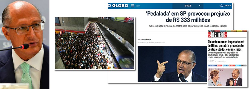 Enquanto a presidente Dilma Rousseff vem sendo alvo de um golpe parlamentar sob a acusação de ter usado recursos de bancos oficiais para pagar programas sociais, ressarcindo depois as instituições federais, há um caso muito mais grave em São Paulo; no principal estado governado pelo PSDB, Geraldo Alckmin usou recursos do Metrô e depois, simplesmente, deu calote de R$ 333 milhões na empresa; quem denuncia a "pedalada" é o jornal O Globo; até recentemente, Alckmin dizia que a presidente não deveria ser afastada pelo que chamava de "motivo fútil", pois, segundo ele, todos os governadores e prefeitos estariam ameaçados; depois, Alckmin mudou de ideia e passou a apoiar o golpe; a questão é: ele também será cassado? (Foto: Leonardo Attuch) Enquanto a presidente Dilma Rousseff vem sendo alvo de um golpe parlamentar sob a acusação de ter usado recursos de bancos oficiais para pagar programas sociais, ressarcindo depois as instituições federais, há um caso muito mais grave em São Paulo; no principal estado governado pelo PSDB, Geraldo Alckmin usou recursos do Metrô e depois, simplesmente, deu calote de R$ 333 milhões na empresa; quem denuncia a "pedalada" é o jornal O Globo; até recentemente, Alckmin dizia que a presidente não deveria ser afastada pelo que chamava de "motivo fútil", pois, segundo ele, todos os governadores e prefeitos estariam ameaçados; depois, Alckmin mudou de ideia e passou a apoiar o golpe; a questão é: ele também será cassado?