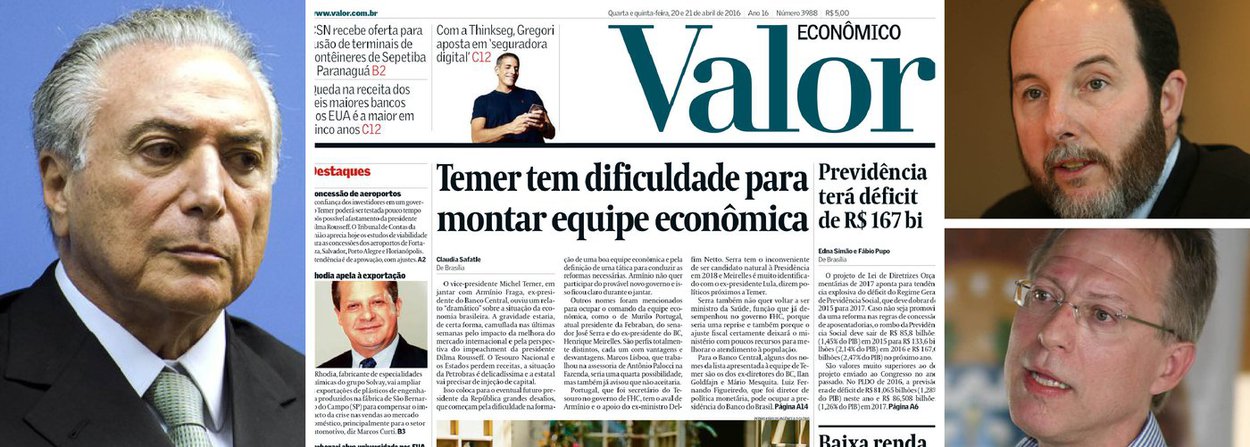 Manchado pela percepção internacional de que se trata de um golpe contra a democracia brasileira, o "governo Temer" também enfrenta problemas internos; manchete desta terça-feira do Valor informa que o vice não estaria conseguindo montar sua equipe econômica; tanto Arminio Fraga quanto Marcos Lisboa recusaram convites para o Ministério da Fazenda; Lisboa assinalou inclusive que só governo eleito pelo voto teria legitimidade para fazer reformas necessárias para a retomada do crescimento; além disso, com o passar do tempo, com os acordos feitos para salvar Eduardo Cunha (PMDB-RJ), consolida-se na opinião pública a percepção de que a sociedade foi enganada com o impeachment feito em nome do combate à corrupção (Foto: Aquiles Lins) Manchado pela percepção internacional de que se trata de um golpe contra a democracia brasileira, o "governo Temer" também enfrenta problemas internos; manchete desta terça-feira do Valor informa que o vice não estaria conseguindo montar sua equipe econômica; tanto Arminio Fraga quanto Marcos Lisboa recusaram convites para o Ministério da Fazenda; Lisboa assinalou inclusive que só governo eleito pelo voto teria legitimidade para fazer reformas necessárias para a retomada do crescimento; além disso, com o passar do tempo, com os acordos feitos para salvar Eduardo Cunha (PMDB-RJ), consolida-se na opinião pública a percepção de que a sociedade foi enganada com o impeachment feito em nome do combate à corrupção