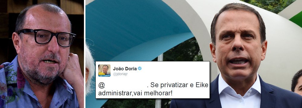 Jornalista Xico Sá criticou o prefeito de São Paulo, João Doria (PSDB), por ter apagado tweets em que tece elogios ao empresário Eike Batista, preso pela Polícia Federal nessa segunda-feira, 30, acusado de corrupção e pagamento de US$ 16,5 milhões em propina ao ex-governador Sergio Cabral; "Depois d apagar pixo e grafite, Dória monta operação p/ sumir c/ tuítes e declarações de amor a Eike. Ñ tem tinta cinza q apague seu passado", escreveu o jornalista Xico Sá em sua conta no Twitter; confira os tweets apagados da conta do prefeito João Doria (Foto: Aquiles Lins) Jornalista Xico Sá criticou o prefeito de São Paulo, João Doria (PSDB), por ter apagado tweets em que tece elogios ao empresário Eike Batista, preso pela Polícia Federal nessa segunda-feira, 30, acusado de corrupção e pagamento de US$ 16,5 milhões em propina ao ex-governador Sergio Cabral; "Depois d apagar pixo e grafite, Dória monta operação p/ sumir c/ tuítes e declarações de amor a Eike. Ñ tem tinta cinza q apague seu passado", escreveu o jornalista Xico Sá em sua conta no Twitter; confira os tweets apagados da conta do prefeito João Doria