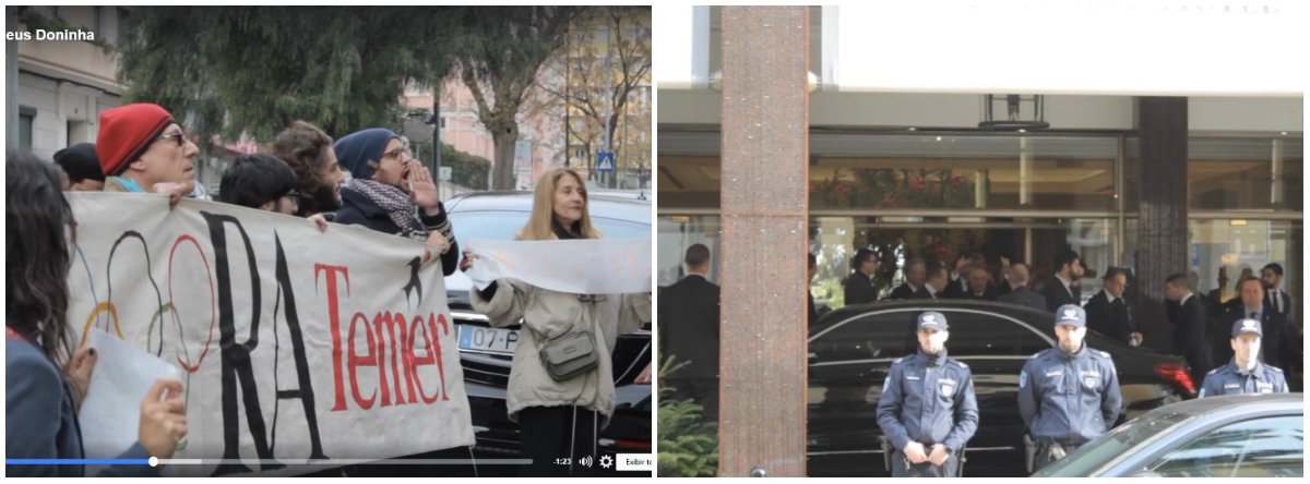 Grupo do "Coletivo Andorinha - Frente Democrática Brasileira de Lisboa" fez um protesto em frente ao hotel onde Michel Temer está hospedado em Lisboa, para onde viajou a fim de participar das cerimônias fúnebres do ex-presidente português Mário Soares; manifestantes denunciaram, aos gritos, que "um golpista" faria "parte de um funeral de um democrata chamado Mário Soares"; "Ele não representa a democracia", disseram; quando Temer deixou o hotel, ouviu gritos de "golpista" e fez sinal de joia para o grupo; vídeo (Foto: Gisele Federicce) www.brasil247.com - Grupo do "Coletivo Andorinha - Frente Democrática Brasileira de Lisboa" fez um protesto em frente ao hotel onde Michel Temer está hospedado em Lisboa, para onde viajou a fim de participar das cerimônias fúnebres do ex-presidente português Mário Soares; manifestantes denunciaram, aos gritos, que "um golpista" faria "parte de um funeral de um democrata chamado Mário Soares"; "Ele não representa a democracia", disseram; quando Temer deixou o hotel, ouviu gritos de "golpista" e fez sinal de joia para o grupo; vídeo