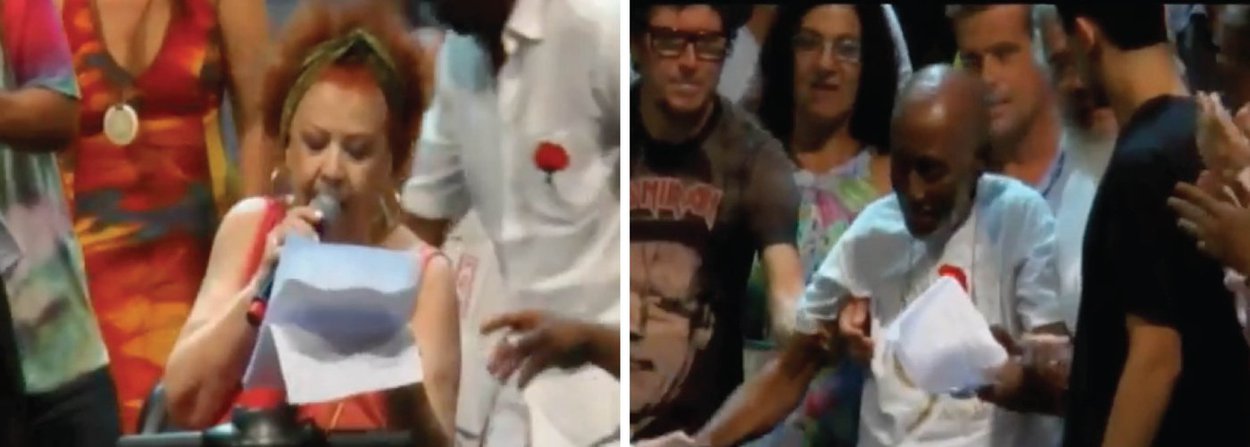 Dois dos principais representantes do samba no Brasil também se manifestaram em defesa da democracia, nesta noite no Rio de Janeiro; "Eu não ia dormir sossegado se eu não tivesse vindo aqui hoje", disse Nelson Sargento; "Não vai ter golpe de novo. Reage, reage, meu povo", afirmou Beth Carvalho, fazendo alusão ao samba que ela compôs recentemente (Foto: Leonardo Attuch) Dois dos principais representantes do samba no Brasil também se manifestaram em defesa da democracia, nesta noite no Rio de Janeiro; "Eu não ia dormir sossegado se eu não tivesse vindo aqui hoje", disse Nelson Sargento; "Não vai ter golpe de novo. Reage, reage, meu povo", afirmou Beth Carvalho, fazendo alusão ao samba que ela compôs recentemente