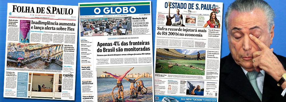 Três principais jornais do País - Folha de S. Paulo, O Globo e Estado de S. Paulo, amanheceram neste domingo, 29, com cara de paisagem em relação ao assunto mais importante do País neste momento: a homologação das delações premiadas dos 77 executivos da Odebrecht, que pode ser feita pela ministra Cármen Lúcia, presidente do Supremo Tribunal Federal, nesta segunda-feira, 30; nenhum dos três jornais que participaram ativamente da derrubada da presidente Dilma Rousseff, dedicou destaque ao assunto; enquanto a mídia finge que não vê a delação da Odebrecht, a ministra Cármen Lúcia trabalha no fim de semana para homologar os acordos; citado em pelo menos quatro delações da Odebrecht, Michel Temer pode não terminar 2017 no Palácio do Planalto (Foto: Aquiles Lins) Três principais jornais do País - Folha de S. Paulo, O Globo e Estado de S. Paulo, amanheceram neste domingo, 29, com cara de paisagem em relação ao assunto mais importante do País neste momento: a homologação das delações premiadas dos 77 executivos da Odebrecht, que pode ser feita pela ministra Cármen Lúcia, presidente do Supremo Tribunal Federal, nesta segunda-feira, 30; nenhum dos três jornais que participaram ativamente da derrubada da presidente Dilma Rousseff, dedicou destaque ao assunto; enquanto a mídia finge que não vê a delação da Odebrecht, a ministra Cármen Lúcia trabalha no fim de semana para homologar os acordos; citado em pelo menos quatro delações da Odebrecht, Michel Temer pode não terminar 2017 no Palácio do Planalto