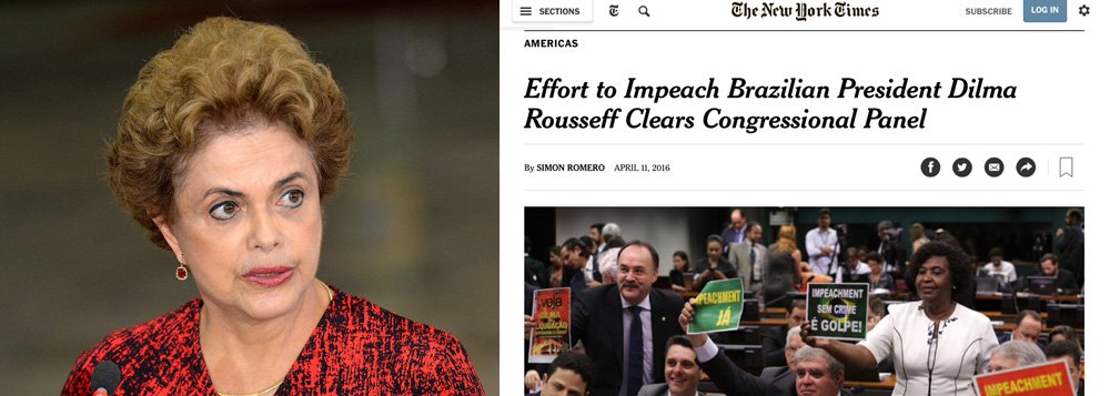 "Incapazes de acusá-la por corrupção, seus adversários estão tentando impeachment por manipulação orçamental envolvendo o uso de recursos de bancos estatais para cobrir lacunas de orçamento. Deve-se lembrar que Dilma é uma das raras figuras políticas no Brasil que não estão enfrentado acusações de enriquecimento pessoal ilícito", diz trecho de reportagem do The New York Times sobre a votação na comissão especial do impeachment (Foto: Gisele Federicce) "Incapazes de acusá-la por corrupção, seus adversários estão tentando impeachment por manipulação orçamental envolvendo o uso de recursos de bancos estatais para cobrir lacunas de orçamento. Deve-se lembrar que Dilma é uma das raras figuras políticas no Brasil que não estão enfrentado acusações de enriquecimento pessoal ilícito", diz trecho de reportagem do The New York Times sobre a votação na comissão especial do impeachment