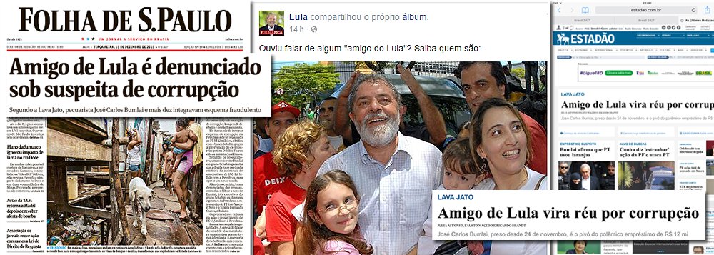 Ex-presidente Luiz Inácio Lula da Silva foi ao Facebook e, de forma sutil, criticou a postura de jornais como Folha de S.Paulo e Estado de S.Paulo que se referem ao empresário José Carlos Bumlai como o "amigo de Lula", muito embora, em seu depoimento, ele não tenha feito qualquer acusação a Lula; "Ouviu falar de algum 'amigo de Lula'? Saiba quem são", diz a postagem do ex-presidente, com centenas de fotos de simpatizantes e eleitores anônimos que o apoiaram ao longo de sua trajetória política (Foto: Felipe L. Goncalves) Ex-presidente Luiz Inácio Lula da Silva foi ao Facebook e, de forma sutil, criticou a postura de jornais como Folha de S.Paulo e Estado de S.Paulo que se referem ao empresário José Carlos Bumlai como o "amigo de Lula", muito embora, em seu depoimento, ele não tenha feito qualquer acusação a Lula; "Ouviu falar de algum 'amigo de Lula'? Saiba quem são", diz a postagem do ex-presidente, com centenas de fotos de simpatizantes e eleitores anônimos que o apoiaram ao longo de sua trajetória política