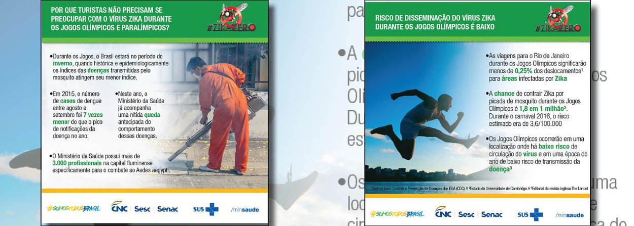 Uma campanha internacional envolvendo diversas entidades visa desmistificar os perigos de doenças transmitidas pelo Aedes aegypti e de esclarecer os turistas sobre o vírus Zika durante os Jogos Olímpicos e Paralímpicos no Rio de Janeiro; a iniciativa é do Conselho Empresarial de Turismo e Hospitalidade (Cetur), da Confederação Nacional do Comércio de Bens, Serviços e Turismo (CNC), e do Sesc (Foto: Gisele Federicce) Uma campanha internacional envolvendo diversas entidades visa desmistificar os perigos de doenças transmitidas pelo Aedes aegypti e de esclarecer os turistas sobre o vírus Zika durante os Jogos Olímpicos e Paralímpicos no Rio de Janeiro; a iniciativa é do Conselho Empresarial de Turismo e Hospitalidade (Cetur), da Confederação Nacional do Comércio de Bens, Serviços e Turismo (CNC), e do Sesc