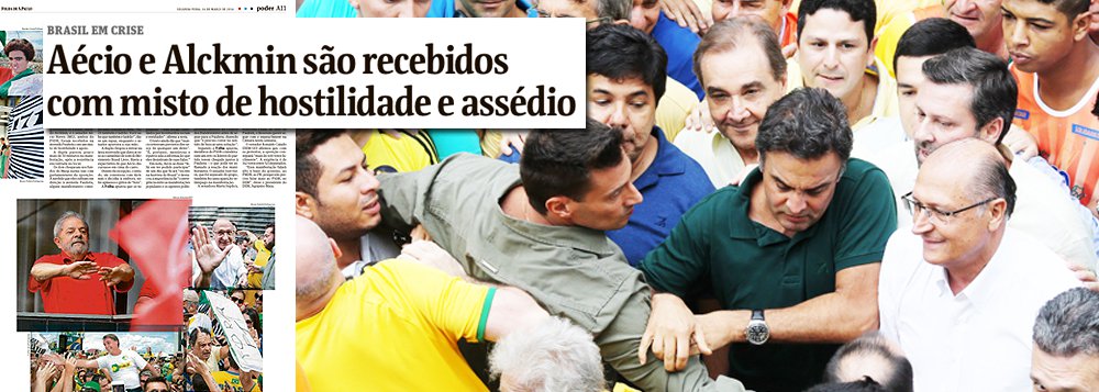 Jornal diz que tucanos Geraldo Alckmin e Aécio Neves foram recebidos na Avenida Paulista neste domingo com um "misto de hostilidade e assédio"; governador e senador, porém, foram na verdade xingados dos nomes mais impronunciáveis, além de "corruptos", e praticamente expulsos do local, de onde saíram em meia hora (Foto: Gisele Federicce) Jornal diz que tucanos Geraldo Alckmin e Aécio Neves foram recebidos na Avenida Paulista neste domingo com um "misto de hostilidade e assédio"; governador e senador, porém, foram na verdade xingados dos nomes mais impronunciáveis, além de "corruptos", e praticamente expulsos do local, de onde saíram em meia hora