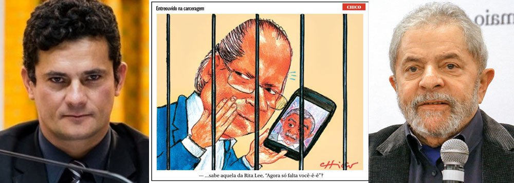 O jornal da família Marinho enviou o recado por meio da charge de Chico Caruso, publicada na primeira página do jornal O Globo; o desenho retrata José Dirceu atrás das grades com um smartphone, a imagem do ex-presidente Lula e o título da famosa canção 'Agora, só falta você', de Rita Lee; internamente, colunista Merval Pereira afirmou que "já é possível perguntar e discutir se Lula vai ser preso"; antes dele, o ex-presidente Fernando Henrique Cardoso disse que, "se Lula merece ser preso, é de se lamentar porque terá jogado fora sua história"; direita busca inviabilizar eventual volta de Lula em 2018, por meio da via judicial (Foto: Leonardo Attuch) O jornal da família Marinho enviou o recado por meio da charge de Chico Caruso, publicada na primeira página do jornal O Globo; o desenho retrata José Dirceu atrás das grades com um smartphone, a imagem do ex-presidente Lula e o título da famosa canção 'Agora, só falta você', de Rita Lee; internamente, colunista Merval Pereira afirmou que "já é possível perguntar e discutir se Lula vai ser preso"; antes dele, o ex-presidente Fernando Henrique Cardoso disse que, "se Lula merece ser preso, é de se lamentar porque terá jogado fora sua história"; direita busca inviabilizar eventual volta de Lula em 2018, por meio da via judicial