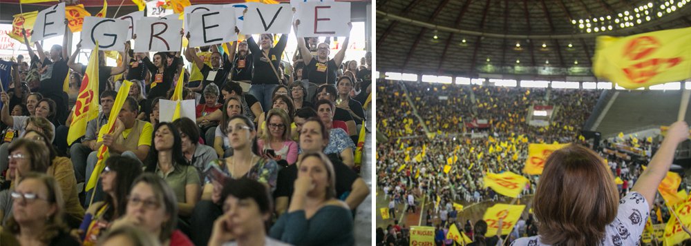 O Centro dos Professores do Rio Grande do Sul (Cpers) decidiu, em assembleia entrar em greve por três dias para se unir às demais categorias do serviço, que realizam assembleia unificada; segundo estimativas do sindicato, mais de 20 mil professores acompanharam a assembleia dentro e fora do Gigantinho, uma vez que um telão foi montado no estacionamento do complexo Beira-Rio
(Foto: Leonardo Lucena) O Centro dos Professores do Rio Grande do Sul (Cpers) decidiu, em assembleia entrar em greve por três dias para se unir às demais categorias do serviço, que realizam assembleia unificada; segundo estimativas do sindicato, mais de 20 mil professores acompanharam a assembleia dentro e fora do Gigantinho, uma vez que um telão foi montado no estacionamento do complexo Beira-Rio