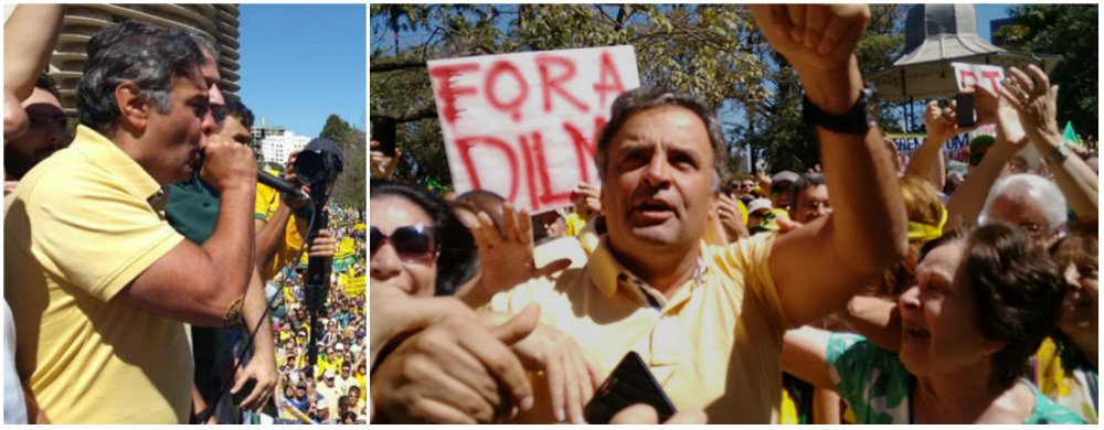O senador e presidente nacional do PSDB, Aécio Neves (MG), participou na manhã deste domingo (16) dos protestos contra a presidente Dilma Rousseff; ele subiu em trios elétricos de grupos anti-PT e discursou; o tucano ficou cerca de meia hora no meio dos manifestantes e foi embora por volta das 12h; "Estamos aqui como parte da sociedade indignada, sem querer qualquer protagonismo. Candidatura não é projeto pessoal. Eu tenho muita disposição de impedir que esse governo continue fazendo mal aos brasileiros", disse (Foto: Valter Lima) O senador e presidente nacional do PSDB, Aécio Neves (MG), participou na manhã deste domingo (16) dos protestos contra a presidente Dilma Rousseff; ele subiu em trios elétricos de grupos anti-PT e discursou; o tucano ficou cerca de meia hora no meio dos manifestantes e foi embora por volta das 12h; "Estamos aqui como parte da sociedade indignada, sem querer qualquer protagonismo. Candidatura não é projeto pessoal. Eu tenho muita disposição de impedir que esse governo continue fazendo mal aos brasileiros", disse