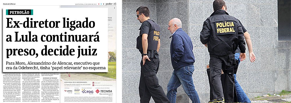 "Ex-diretor ligado a Lula continuará preso, decide juiz", diz a Folha de S. Paulo, em letras garrafais, sobre a conversão da prisão temporária de Alexandrino Alencar, ex-Odebrecht, em preventiva; internamente, não há uma única referência ao ex-presidente Lula; diz-se apenas que Alexandrino é "um dos principais elos da empresa com políticos"; de fato, como ex-diretor de Relações Institucionais da Odebrecht, Alexandrino fazia a ponte entre a construtora e grupos de influência, ou seja, com políticos de todos os partidos, incluindo FHC, e também com meios de comunicação, como a própria Folha; a questão é: por que, na manchete, ele é apresentado como "ligado a Lula"? (Foto: Leonardo Attuch) "Ex-diretor ligado a Lula continuará preso, decide juiz", diz a Folha de S. Paulo, em letras garrafais, sobre a conversão da prisão temporária de Alexandrino Alencar, ex-Odebrecht, em preventiva; internamente, não há uma única referência ao ex-presidente Lula; diz-se apenas que Alexandrino é "um dos principais elos da empresa com políticos"; de fato, como ex-diretor de Relações Institucionais da Odebrecht, Alexandrino fazia a ponte entre a construtora e grupos de influência, ou seja, com políticos de todos os partidos, incluindo FHC, e também com meios de comunicação, como a própria Folha; a questão é: por que, na manchete, ele é apresentado como "ligado a Lula"?