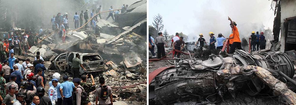 Aeronave, um Hercules C-130 que entrou em operação há mais de 40 anos, caiu sobre casas e um hotel em uma área da cidade de Medan, em Sumatra, matando pessoas a bordo do avião e no solo; porta-voz militar Fuad Basya disse que 12 militares, incluindo o piloto, estavam a bordo do avião, que, segundo testemunhas, aparentemente explodiu pouco depois de bater no solo (Foto: Roberta Namour) Aeronave, um Hercules C-130 que entrou em operação há mais de 40 anos, caiu sobre casas e um hotel em uma área da cidade de Medan, em Sumatra, matando pessoas a bordo do avião e no solo; porta-voz militar Fuad Basya disse que 12 militares, incluindo o piloto, estavam a bordo do avião, que, segundo testemunhas, aparentemente explodiu pouco depois de bater no solo