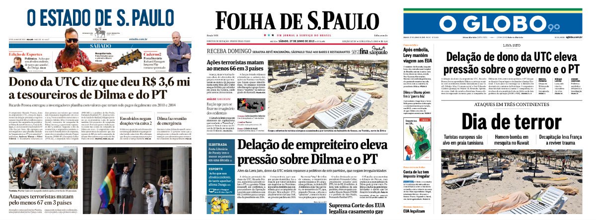 Folha e Globo imprimiram manchetes praticamente idênticas neste sábado, sugerindo que a delação de Ricardo Pessoa, dono da UTC Engenharia, eleva a pressão sobre a presidente Dilma e o PT; Estado de S. Paulo foi na mesma linha; a referência a nomes de oposicionistas, como Aloysio Nunes (PSDB-SP), Júlio Delgado (PSB-MG) e também ao tesoureiro do Solidariedade, de Paulinho da Força, foram solenemente ignoradas (Foto: Gisele Federicce) Folha e Globo imprimiram manchetes praticamente idênticas neste sábado, sugerindo que a delação de Ricardo Pessoa, dono da UTC Engenharia, eleva a pressão sobre a presidente Dilma e o PT; Estado de S. Paulo foi na mesma linha; a referência a nomes de oposicionistas, como Aloysio Nunes (PSDB-SP), Júlio Delgado (PSB-MG) e também ao tesoureiro do Solidariedade, de Paulinho da Força, foram solenemente ignoradas