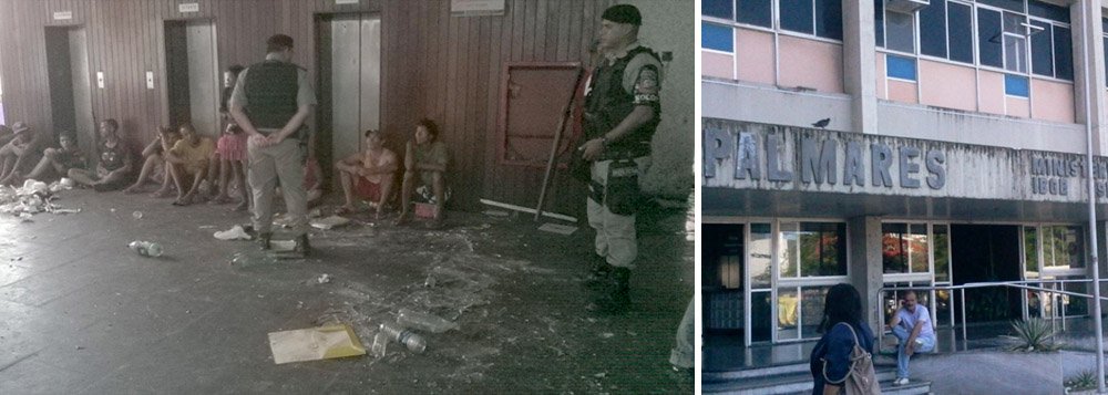 Treze adultos foram presos e três menores foram apreendidos por saquear e depredar o edifício Palmares, no Centro de Maceió; operação surpresa foi montada por homens da PM de Alagoas de três batalhões; o prédio, interditado desde março de 2012 por determinação da Justiça Federal, pertence ao Instituto Nacional de Seguridade Social (INSS) e deve ir a leilão neste segundo semestre avaliado em cerca de R$ 8 milhões (Foto: Voney Malta) Treze adultos foram presos e três menores foram apreendidos por saquear e depredar o edifício Palmares, no Centro de Maceió; operação surpresa foi montada por homens da PM de Alagoas de três batalhões; o prédio, interditado desde março de 2012 por determinação da Justiça Federal, pertence ao Instituto Nacional de Seguridade Social (INSS) e deve ir a leilão neste segundo semestre avaliado em cerca de R$ 8 milhões