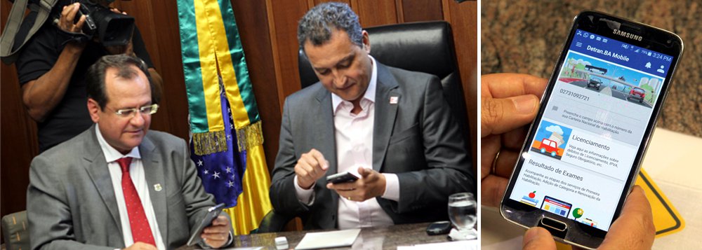 O Departamento Estadual de Trânsito da Bahia lançou nesta terça-feira o 'Detran-BA Mobile', aplicativo disponível para dispositivos Android e iOS com proposta de levar mais conteúdo e ampliar os serviços do órgão aos usuários; "As pessoas vão economizar dinheiro e tempo. O deslocamento ao posto do Detran, às vezes, é complicado. Com o aplicativo a gente começa a esvaziar esses postos. A Internet permite isso. O aplicativo é uma forma de garantir mais benefícios ao cidadão", disse o governador Rui Costa (Foto: Romulo Faro) O Departamento Estadual de Trânsito da Bahia lançou nesta terça-feira o 'Detran-BA Mobile', aplicativo disponível para dispositivos Android e iOS com proposta de levar mais conteúdo e ampliar os serviços do órgão aos usuários; "As pessoas vão economizar dinheiro e tempo. O deslocamento ao posto do Detran, às vezes, é complicado. Com o aplicativo a gente começa a esvaziar esses postos. A Internet permite isso. O aplicativo é uma forma de garantir mais benefícios ao cidadão", disse o governador Rui Costa