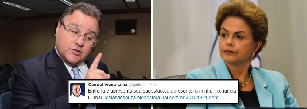 Um dos pioneiros no movimento que pede fim na aliança com o PT, o presidente do PMDB na Bahia, Geddel Vieira Lima, usou seu perfil no Twitter para instigar seus seguidores a apresentar propostas ao governo federal e disse que já deixou a sua; "Já apresentei a minha. Renuncia, Dilma!"; o ex-ministro se refere à agenda 'Dialoga Brasil', movimento lançado em vídeo na internet pela presidente Dilma Rousseff para ouvir sugestões da população sobre o que considera prioridade (Foto: Romulo Faro) Um dos pioneiros no movimento que pede fim na aliança com o PT, o presidente do PMDB na Bahia, Geddel Vieira Lima, usou seu perfil no Twitter para instigar seus seguidores a apresentar propostas ao governo federal e disse que já deixou a sua; "Já apresentei a minha. Renuncia, Dilma!"; o ex-ministro se refere à agenda 'Dialoga Brasil', movimento lançado em vídeo na internet pela presidente Dilma Rousseff para ouvir sugestões da população sobre o que considera prioridade