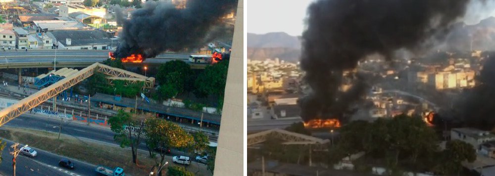 Três ônibus urbanos foram incendiados no viaduto de Del Castilho, subúrbio da zona norte do Rio, depois que um homem foi baleado na favela Bandeira 2, durante uma ação da PM contra bandidos da região; os ônibus foram queimados por moradores da favela e o viaduto ficou fechado nos dois sentidos, o que provocou uma grande confusão no trânsito; agora, sobe para 12 o total de ônibus incendiados na cidade do Rio desde janeiro de 2015, com prejuízos de R$ 4,5 milhões para as empresas (Foto: Leonardo Lucena) Três ônibus urbanos foram incendiados no viaduto de Del Castilho, subúrbio da zona norte do Rio, depois que um homem foi baleado na favela Bandeira 2, durante uma ação da PM contra bandidos da região; os ônibus foram queimados por moradores da favela e o viaduto ficou fechado nos dois sentidos, o que provocou uma grande confusão no trânsito; agora, sobe para 12 o total de ônibus incendiados na cidade do Rio desde janeiro de 2015, com prejuízos de R$ 4,5 milhões para as empresas