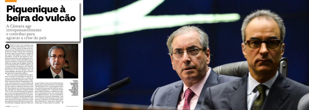 Embora o presidente da Câmara dos Deputados, Eduardo Cunha (PMDB-RJ), tenha feito vários esforços para se aproximar da Globo, inclusive prestando homenagens à emissora, o rompimento ficou claro neste fim de semana; editorial da revista Época acusou Cunha de fazer um "piquenique à beira do vulcão", com suas pautas-bomba, que têm elevado gastos públicos; Cunha sentiu o golpe e, no Twitter, tentou se defender; "A tentativa de alguns de me colocar como vilão das contas públicas por retaliação ao governo não tem amparo na realidade dos fatos", disse ele; em editorial recente, a Globo também condenou o impeachment e defendeu a permanência de Dilma até o fim de seu mandato (Foto: Felipe L. Goncalves) Embora o presidente da Câmara dos Deputados, Eduardo Cunha (PMDB-RJ), tenha feito vários esforços para se aproximar da Globo, inclusive prestando homenagens à emissora, o rompimento ficou claro neste fim de semana; editorial da revista Época acusou Cunha de fazer um "piquenique à beira do vulcão", com suas pautas-bomba, que têm elevado gastos públicos; Cunha sentiu o golpe e, no Twitter, tentou se defender; "A tentativa de alguns de me colocar como vilão das contas públicas por retaliação ao governo não tem amparo na realidade dos fatos", disse ele; em editorial recente, a Globo também condenou o impeachment e defendeu a permanência de Dilma até o fim de seu mandato