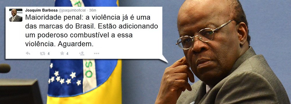 "Maioridade penal: eu apoio integralmente a posição do governo federal, contrária à redução da maioridade penal. Estão brincando com fogo! Quem conhece as prisões brasileiras (e os estabelecimentos de "ressocialização" de menores) não apoia essa insensatez", postou o ex-presidente do Supremo Tribunal Federal, Joaquim Barbosa, sobre o projeto em votação na Câmara; "Desconfiemos dos propósitos e da ideologia dessa maioria parlamentar que quer impor a sua agenda ao nosso país", completou (Foto: Roberta Namour) "Maioridade penal: eu apoio integralmente a posição do governo federal, contrária à redução da maioridade penal. Estão brincando com fogo! Quem conhece as prisões brasileiras (e os estabelecimentos de "ressocialização" de menores) não apoia essa insensatez", postou o ex-presidente do Supremo Tribunal Federal, Joaquim Barbosa, sobre o projeto em votação na Câmara; "Desconfiemos dos propósitos e da ideologia dessa maioria parlamentar que quer impor a sua agenda ao nosso país", completou