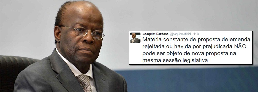 "Matéria constante de proposta de emenda rejeitada ou havida por prejudicada NÃO pode ser objeto de nova proposta na mesma sessão legislativa", publicou o ex-presidente do Supremo Tribunal Federal em sua conta no Twitter; Joaquim Barbosa fazia referência à manobra de Eduardo Cunha (PMDB-RJ) que resultou na aprovação da proposta da redução da maioridade penal para crimes hediondos de 18 para 16 anos, depois de já rejeitada a proposta na noite anterior (Foto: Paulo Emílio) "Matéria constante de proposta de emenda rejeitada ou havida por prejudicada NÃO pode ser objeto de nova proposta na mesma sessão legislativa", publicou o ex-presidente do Supremo Tribunal Federal em sua conta no Twitter; Joaquim Barbosa fazia referência à manobra de Eduardo Cunha (PMDB-RJ) que resultou na aprovação da proposta da redução da maioridade penal para crimes hediondos de 18 para 16 anos, depois de já rejeitada a proposta na noite anterior