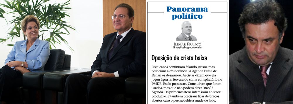 Diagnóstico foi feito pelo jornalista Ilimar Franco, principal colunista político do jornal O Globo; segundo ele, os tucanos "continuam falando grosso, mas perderam a exuberância", desde que o presidente do Congresso Nacional, senador Renan Calheiros (PMDB-AL), apresentou a chamada "Agenda Brasil", com medidas que visam reduzir o Custo Brasil e ampliar a produtividade da economia; segundo Ilimar, tucanos não têm como dizer não à agenda, que interessa ao setor produtivo; se o fizerem, ficarão marcados como um grupo político que coloca seus interesses pessoais acima dos interesses do País; Ilimar também antecipou que a tentativa de golpe via TSE se inviabiliza com a aposentadoria de um ministro indicado pelo PSDB; "caiu a ficha", disse ao jornalista um parlamentar aecista (Foto: Leonardo Attuch) Diagnóstico foi feito pelo jornalista Ilimar Franco, principal colunista político do jornal O Globo; segundo ele, os tucanos "continuam falando grosso, mas perderam a exuberância", desde que o presidente do Congresso Nacional, senador Renan Calheiros (PMDB-AL), apresentou a chamada "Agenda Brasil", com medidas que visam reduzir o Custo Brasil e ampliar a produtividade da economia; segundo Ilimar, tucanos não têm como dizer não à agenda, que interessa ao setor produtivo; se o fizerem, ficarão marcados como um grupo político que coloca seus interesses pessoais acima dos interesses do País; Ilimar também antecipou que a tentativa de golpe via TSE se inviabiliza com a aposentadoria de um ministro indicado pelo PSDB; "caiu a ficha", disse ao jornalista um parlamentar aecista