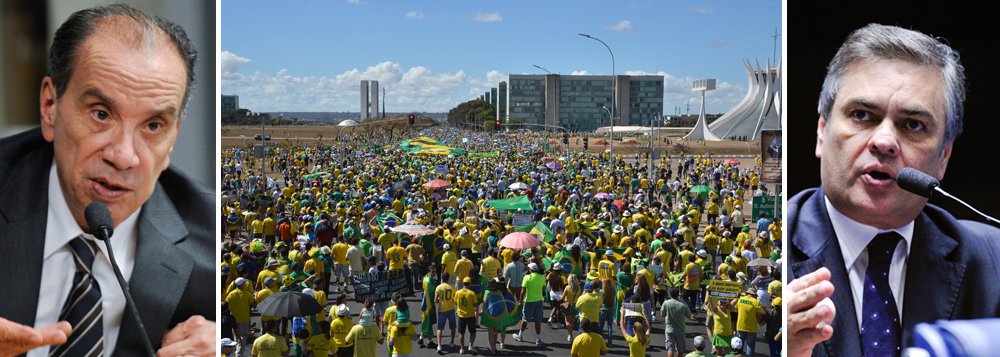 Um dia depois das manifestações, o senador Aloysio Nunes (PSDB-SP), que foi vice na chapa de Aécio Neves (PSDB-MG), afirmou que seu partido defenderá, no Congresso Nacional, o impeachment da presidente Dilma Rousseff, eleita, de forma legítima, há menos de um ano; nesta tarde, outro parlamentar do grupo aecista, o senador Cássio Cunha Lima (PSDB-PB), defendeu a renúncia da presidente, assim como fez, mais cedo, o ex-presidente Fernando Henrique Cardoso; tucanos, que governaram o país durante oito anos e enfrentaram momentos de baixíssima popularidade, com desemprego recorde, apagão e diversos escândalos de corrupção, abraçaram de vez o golpismo (Foto: Leonardo Attuch) Um dia depois das manifestações, o senador Aloysio Nunes (PSDB-SP), que foi vice na chapa de Aécio Neves (PSDB-MG), afirmou que seu partido defenderá, no Congresso Nacional, o impeachment da presidente Dilma Rousseff, eleita, de forma legítima, há menos de um ano; nesta tarde, outro parlamentar do grupo aecista, o senador Cássio Cunha Lima (PSDB-PB), defendeu a renúncia da presidente, assim como fez, mais cedo, o ex-presidente Fernando Henrique Cardoso; tucanos, que governaram o país durante oito anos e enfrentaram momentos de baixíssima popularidade, com desemprego recorde, apagão e diversos escândalos de corrupção, abraçaram de vez o golpismo