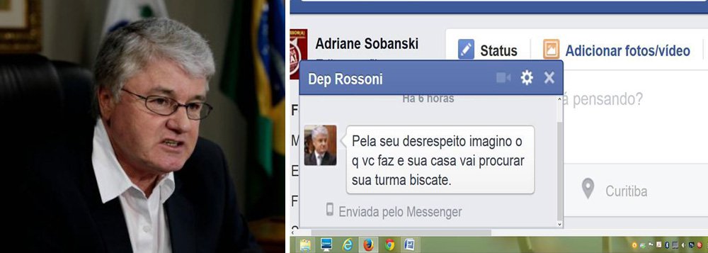 Professora de História e doutoranda em Educação na Universidade Federal do Paraná, Adriana Sobanski afirma ter recebido uma mensagem privada no Facebook do deputado federal Valdir Rossoni, presidente do PSDB-PR, que dizia: "Pela (sic) seu desrespeito imagino q vc faz e sua casa vai procurar sua turma biscate"; segundo ela, isso aconteceu depois de ela ter postado comentários críticos na página do deputado; o relato é da blogueira paranaense Laís Laíny (Foto: Gisele Federicce) www.brasil247.com - Professora de História e doutoranda em Educação na Universidade Federal do Paraná, Adriana Sobanski afirma ter recebido uma mensagem privada no Facebook do deputado federal Valdir Rossoni, presidente do PSDB-PR, que dizia: "Pela (sic) seu desrespeito imagino q vc faz e sua casa vai procurar sua turma biscate"; segundo ela, isso aconteceu depois de ela ter postado comentários críticos na página do deputado; o relato é da blogueira paranaense Laís Laíny