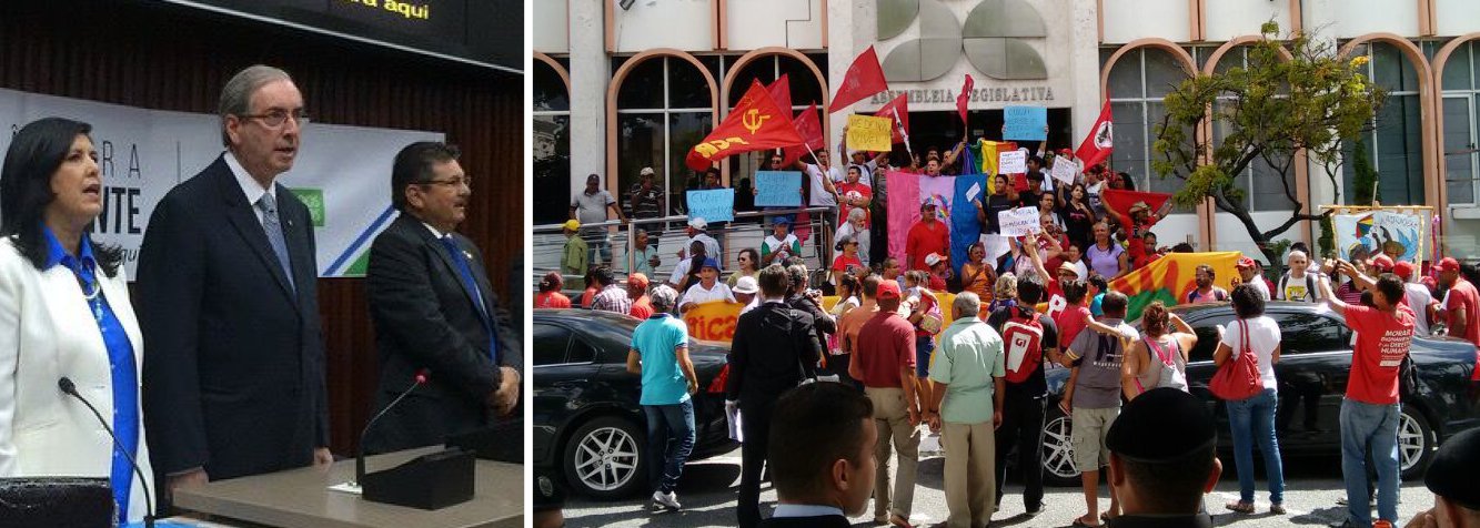 Manifestantes que grivatam "fora, Cunha" entraram em confronto com seguranças da Assembleia Legislativa da Paraíba; eles promoveram um apitaço e jogaram ovos quando o presidente da Câmara entrou no local; protesto acabou desbancando para a violência quando os seguranças tentaram impedir o acesso dos manifestantes às galerias da Casa; Eduardo Cunha, que já foi alvo de protestos no Rio Grande do Sul e em São Paulo durante a passagem do seu projeto 'Câmara itinerante', atribuiu a responsabilidade da confusão ao PT (Foto: Paulo Emílio) Manifestantes que grivatam "fora, Cunha" entraram em confronto com seguranças da Assembleia Legislativa da Paraíba; eles promoveram um apitaço e jogaram ovos quando o presidente da Câmara entrou no local; protesto acabou desbancando para a violência quando os seguranças tentaram impedir o acesso dos manifestantes às galerias da Casa; Eduardo Cunha, que já foi alvo de protestos no Rio Grande do Sul e em São Paulo durante a passagem do seu projeto 'Câmara itinerante', atribuiu a responsabilidade da confusão ao PT