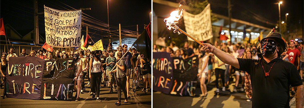 Em um protesto diferente dos anteriores, o Bloco de Luta pelo Transporte Público marchou pelo Centro de Porto Alegre, no quinto ato do ano; fazendo um trajeto distinto, os manifestantes foram até a sede do Incra, onde militantes do MST e da Via Campesina acampam; protesto contou com cerca de 300 manifestantes, que distribuíram panfletos à população que parecia impaciente enquanto aguardava seus ônibus; em uma faixa se lia "Cidade e campo: nem golpe! Nem governo! Nem patrão! Poder popular" (Foto: Leonardo Lucena) Em um protesto diferente dos anteriores, o Bloco de Luta pelo Transporte Público marchou pelo Centro de Porto Alegre, no quinto ato do ano; fazendo um trajeto distinto, os manifestantes foram até a sede do Incra, onde militantes do MST e da Via Campesina acampam; protesto contou com cerca de 300 manifestantes, que distribuíram panfletos à população que parecia impaciente enquanto aguardava seus ônibus; em uma faixa se lia "Cidade e campo: nem golpe! Nem governo! Nem patrão! Poder popular"