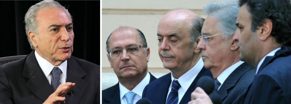 A polêmica declaração do ex-presidente Fernando Henrique Cardoso sobre o 'gesto de grandeza' que seria a renúncia da presidente Dilma Rousseff foi decodificada por especialistas em PSDB, como o colunista Merval Pereira, do Globo; a má notícia é que os tucanos continuam apostando na instabilidade política e agora falam em dar sustentabilidade a um eventual governo do vice Michel Temer; a boa é que desistiram do projeto 'Aécio 2015', que consistia em cassar Dilma e Temer, abrindo espaço para a antecipação das eleições; em resumo, os tucanos agora querem convencer o PMDB a abraçar o impeachment apenas da presidente Dilma, prometendo assim dar suporte a um eventual governo Temer; ou seja, continuam conspirando, mas já abrem mão do poder absoluto (Foto: Leonardo Attuch) A polêmica declaração do ex-presidente Fernando Henrique Cardoso sobre o 'gesto de grandeza' que seria a renúncia da presidente Dilma Rousseff foi decodificada por especialistas em PSDB, como o colunista Merval Pereira, do Globo; a má notícia é que os tucanos continuam apostando na instabilidade política e agora falam em dar sustentabilidade a um eventual governo do vice Michel Temer; a boa é que desistiram do projeto 'Aécio 2015', que consistia em cassar Dilma e Temer, abrindo espaço para a antecipação das eleições; em resumo, os tucanos agora querem convencer o PMDB a abraçar o impeachment apenas da presidente Dilma, prometendo assim dar suporte a um eventual governo Temer; ou seja, continuam conspirando, mas já abrem mão do poder absoluto