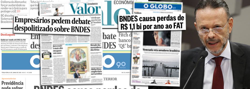 Jornal O Globo, dos irmãos Marinho, constata o óbvio: que as operações do BNDES, por serem subsidiadas, implicam "prejuízo" para o Tesouro Nacional, ainda que esse impacto seja questionável, em razão do fomento à exportação de bens e serviços por empresas brasileiras; no entanto, o jornal Valor, que também pertence aos Marinho, mas em sociedade com o grupo Folha, destaca na manchete que os empresários pedem "debate despolitizado" sobre o BNDES, comandado por Luciano Coutinho; "No governo Fernando Henrique Cardoso financiamos a construção do metrô de Caracas. Falta de coerência é falar mal disso agora", destacou Roberto Giannetti da Fonseca, que foi secretário do governo FHC; mas, e no Globo: há alguma coerência? (Foto: Leonardo Attuch) www.brasil247.com - Jornal O Globo, dos irmãos Marinho, constata o óbvio: que as operações do BNDES, por serem subsidiadas, implicam "prejuízo" para o Tesouro Nacional, ainda que esse impacto seja questionável, em razão do fomento à exportação de bens e serviços por empresas brasileiras; no entanto, o jornal Valor, que também pertence aos Marinho, mas em sociedade com o grupo Folha, destaca na manchete que os empresários pedem "debate despolitizado" sobre o BNDES, comandado por Luciano Coutinho; "No governo Fernando Henrique Cardoso financiamos a construção do metrô de Caracas. Falta de coerência é falar mal disso agora", destacou Roberto Giannetti da Fonseca, que foi secretário do governo FHC; mas, e no Globo: há alguma coerência?