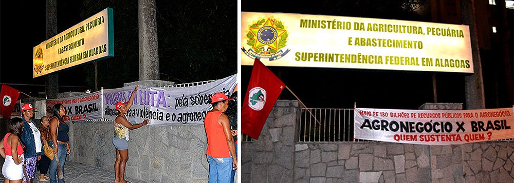 Numa ação que faz parte da Jornada Nacional de Lutas das Mulheres Camponesas de 2015, desde a noite de domingo (8) trabalhadoras rurais sem-terra estão ocupando a Superintendência do Ministério da Agricultura, Pecuária e Abastecimento, em Maceió; são cerca de 500 mulheres que reclamam da produção de cana-de-açúcar e da intensificação da plantação de eucalipto em Alagoas; para elas, o atual modelo de agronegócio ameaça o meio ambiente e a vida da população
(Foto: Voney Malta) Numa ação que faz parte da Jornada Nacional de Lutas das Mulheres Camponesas de 2015, desde a noite de domingo (8) trabalhadoras rurais sem-terra estão ocupando a Superintendência do Ministério da Agricultura, Pecuária e Abastecimento, em Maceió; são cerca de 500 mulheres que reclamam da produção de cana-de-açúcar e da intensificação da plantação de eucalipto em Alagoas; para elas, o atual modelo de agronegócio ameaça o meio ambiente e a vida da população