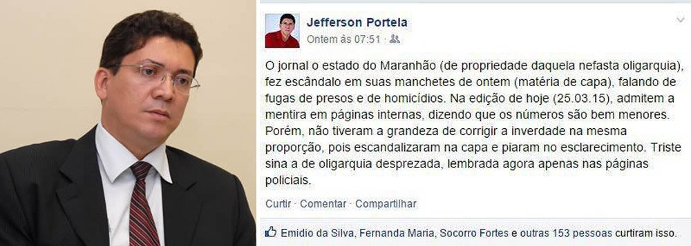 O 'xerife' Jefferson Portela, secretário de Segurança do Governo do Maranhão, criticou duramente o jornal 'O Estado do Maranhão' em postagem nas redes sociais; segundo ele, o veículo, "de propriedade daquela nefasta oligarquia", reconheceu equívocos na divulgação de estatísticas referentes à violência no estado, mas "não tiveram a grandeza de corrigir a inverdade na mesma proporção, pois escandalizaram na capa e piaram no esclarecimento"; "Triste sina a de oligarquia desprezada, lembrada agora apenas nas páginas policiais" (Foto: Leonardo Lucena) O 'xerife' Jefferson Portela, secretário de Segurança do Governo do Maranhão, criticou duramente o jornal 'O Estado do Maranhão' em postagem nas redes sociais; segundo ele, o veículo, "de propriedade daquela nefasta oligarquia", reconheceu equívocos na divulgação de estatísticas referentes à violência no estado, mas "não tiveram a grandeza de corrigir a inverdade na mesma proporção, pois escandalizaram na capa e piaram no esclarecimento"; "Triste sina a de oligarquia desprezada, lembrada agora apenas nas páginas policiais"