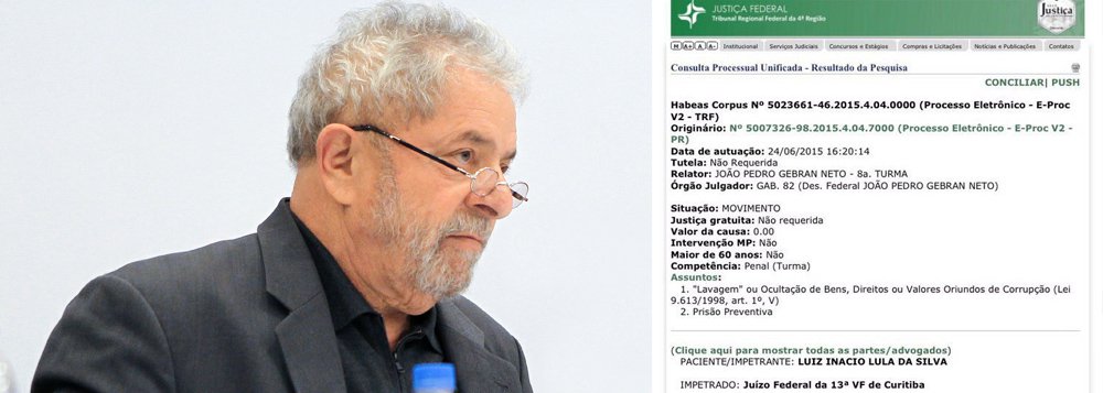 Um habeas corpus preventivo impetrado na Justiça Federal no fim da tarde desta quarta-feira 24 pede que o ex-presidente Lula não seja preso na Operação Lava Jato; o Instituto Lula nega que o petista tenha entrado com tal pedido e acrescenta que o documento poderia ter sido de iniciativa de qualquer cidadão; a entidade vê a ação como de "alguém preocupado com o ex-presidente" ou "como uma provocação"; a divulgação do documento nas redes sociais foi feita pelo senador Ronaldo Caiado (DEM-GO); "O Instituto Lula estranha que sua divulgação parta do senador Ronaldo Caiado", disse, em nota, o instituto; autor do pedido é Maurício Ramos Thomaz, que se apresenta como consultor (Foto: Gisele Federicce) Um habeas corpus preventivo impetrado na Justiça Federal no fim da tarde desta quarta-feira 24 pede que o ex-presidente Lula não seja preso na Operação Lava Jato; o Instituto Lula nega que o petista tenha entrado com tal pedido e acrescenta que o documento poderia ter sido de iniciativa de qualquer cidadão; a entidade vê a ação como de "alguém preocupado com o ex-presidente" ou "como uma provocação"; a divulgação do documento nas redes sociais foi feita pelo senador Ronaldo Caiado (DEM-GO); "O Instituto Lula estranha que sua divulgação parta do senador Ronaldo Caiado", disse, em nota, o instituto; autor do pedido é Maurício Ramos Thomaz, que se apresenta como consultor