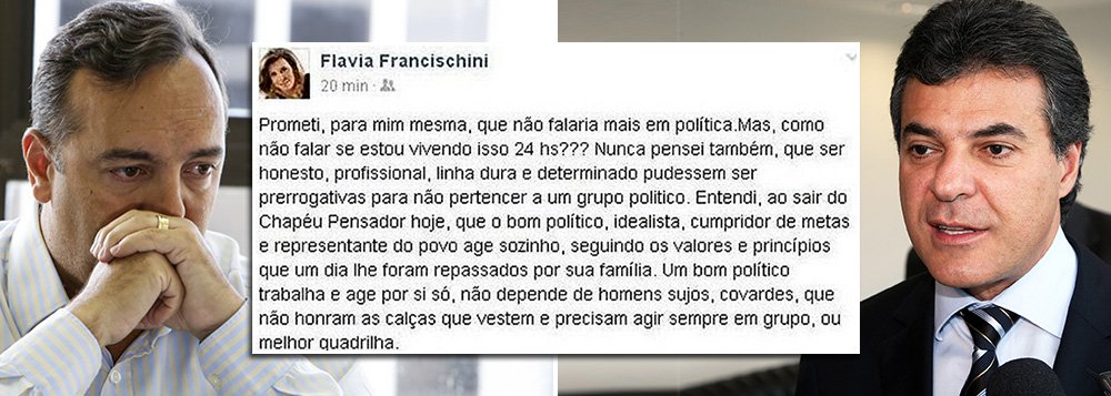Em texto publicado no Facebook, Flavia Francischini, mulher de Fernando Francischini, secretário de Segurança, faz críticas indiretas ao grupo político do tucano Beto Richa pela violenta ação da Polícia Militar contra a manifestação de professores em Curitiba: “Um bom político trabalha e age por si só, não depende de homens sujos, covardes, que não honram as calças que vestem e precisam agir sempre em grupo, ou melhor quadrilha”; secretário deve cair a qualquer momento (Foto: Roberta Namour) Em texto publicado no Facebook, Flavia Francischini, mulher de Fernando Francischini, secretário de Segurança, faz críticas indiretas ao grupo político do tucano Beto Richa pela violenta ação da Polícia Militar contra a manifestação de professores em Curitiba: “Um bom político trabalha e age por si só, não depende de homens sujos, covardes, que não honram as calças que vestem e precisam agir sempre em grupo, ou melhor quadrilha”; secretário deve cair a qualquer momento