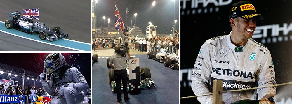 Piloto britânico tornou-se campeão do mundo de Fórmula 1 pela segunda vez ao vencer a última corrida da temporada pela Mercedes, em Abu Dhabi, nos Emirados Árabes, neste domingo; Felipe Massa foi o segundo colocado no GP, com o colega de equipe Valtteri Bottas em terceiro; na comemoração, ele imitou o ídolo Ayrton Senna ao empunha uma bandeira do Reino Unido ainda no carro (Foto: Gisele Federicce) Piloto britânico tornou-se campeão do mundo de Fórmula 1 pela segunda vez ao vencer a última corrida da temporada pela Mercedes, em Abu Dhabi, nos Emirados Árabes, neste domingo; Felipe Massa foi o segundo colocado no GP, com o colega de equipe Valtteri Bottas em terceiro; na comemoração, ele imitou o ídolo Ayrton Senna ao empunha uma bandeira do Reino Unido ainda no carro