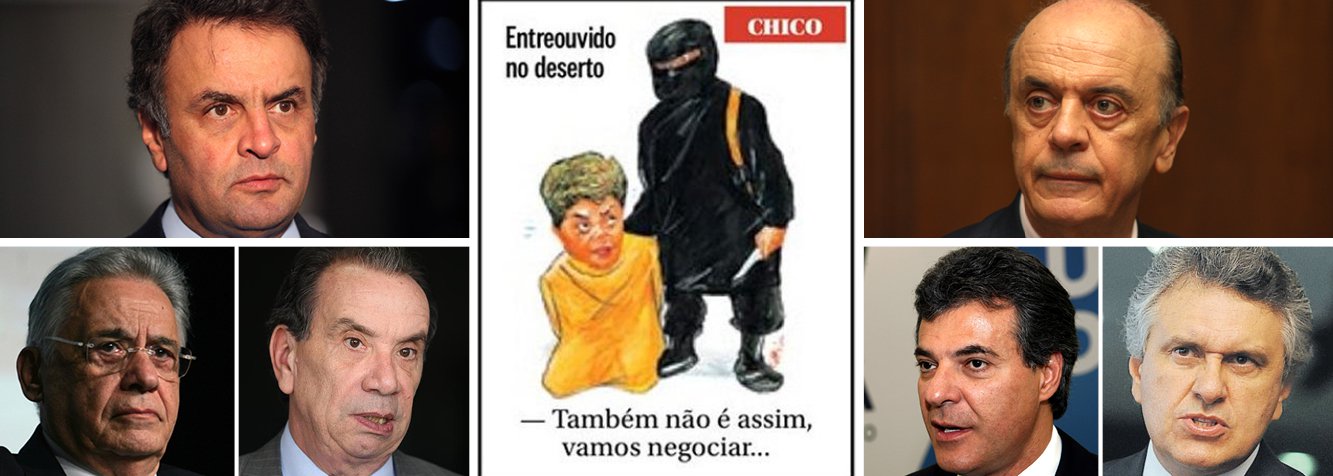 Vinte e quatro horas depois que o cartunista Chico Caruso preparou a cena da degola da presidente Dilma Rousseff, em pleno Dia Internacional da Mulher, lideranças do PSDB disputaram o papel do Jihadista John, o cortador de cabeças do Estado Islâmico; enquanto José Serra e Beto Richa argumentaram em favor do impeachment, FHC e Aécio Neves defenderam a tese do 'sangramento', defendida publicamente pelo senador Aloysio Nunes, o pit bull da esquadra tucana; os cinco neoudenistas ganharam ainda o apoio de outra reserva moral da Nação, o ruralista Ronaldo Caiado, do DEM, que contestou a tese do sangramento; "quero a cura", disse ele, referindo-se à cabeça de Dilma Rousseff numa bandeja (Foto: Leonardo Attuch) Vinte e quatro horas depois que o cartunista Chico Caruso preparou a cena da degola da presidente Dilma Rousseff, em pleno Dia Internacional da Mulher, lideranças do PSDB disputaram o papel do Jihadista John, o cortador de cabeças do Estado Islâmico; enquanto José Serra e Beto Richa argumentaram em favor do impeachment, FHC e Aécio Neves defenderam a tese do 'sangramento', defendida publicamente pelo senador Aloysio Nunes, o pit bull da esquadra tucana; os cinco neoudenistas ganharam ainda o apoio de outra reserva moral da Nação, o ruralista Ronaldo Caiado, do DEM, que contestou a tese do sangramento; "quero a cura", disse ele, referindo-se à cabeça de Dilma Rousseff numa bandeja