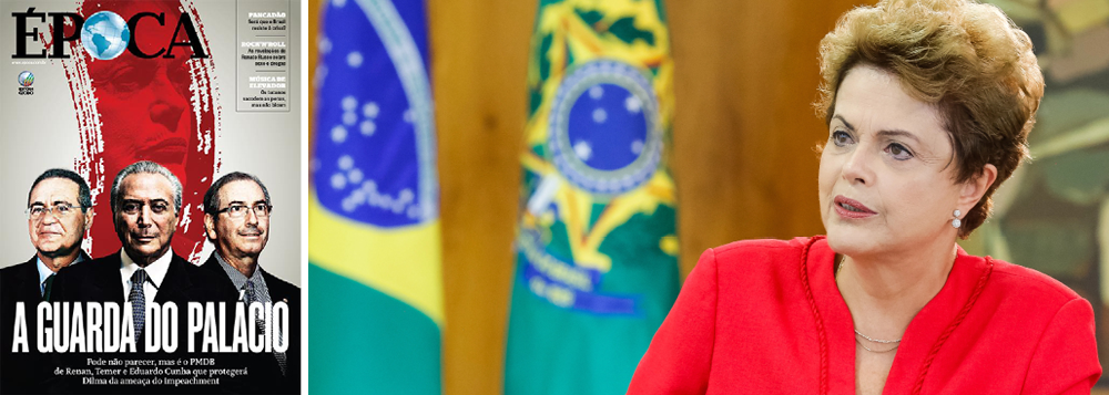 Edição deste fim de semana da revista Época, da família Marinho, jogou a toalha do impeachment; revista chegou à conclusão de que o trio formado pelo senador Renan Calheiros (PMDB-AL), pelo vice Michel Temer e pelo deputado Eduardo Cunha (PMDB-RJ) protegerá a presidente Dilma Rousseff da ameaça do impeachment; edição de Veja também desembarcou do golpe, num indício de que os grupos de mídia oligárquicos já abandonam o senador Aécio Neves (PSDB-MG), favorecendo projetos de poder alternativos, como do governador Geraldo Alckmin e do senador José Serra (Foto: Aline Lima) www.brasil247.com - Edição deste fim de semana da revista Época, da família Marinho, jogou a toalha do impeachment; revista chegou à conclusão de que o trio formado pelo senador Renan Calheiros (PMDB-AL), pelo vice Michel Temer e pelo deputado Eduardo Cunha (PMDB-RJ) protegerá a presidente Dilma Rousseff da ameaça do impeachment; edição de Veja também desembarcou do golpe, num indício de que os grupos de mídia oligárquicos já abandonam o senador Aécio Neves (PSDB-MG), favorecendo projetos de poder alternativos, como do governador Geraldo Alckmin e do senador José Serra